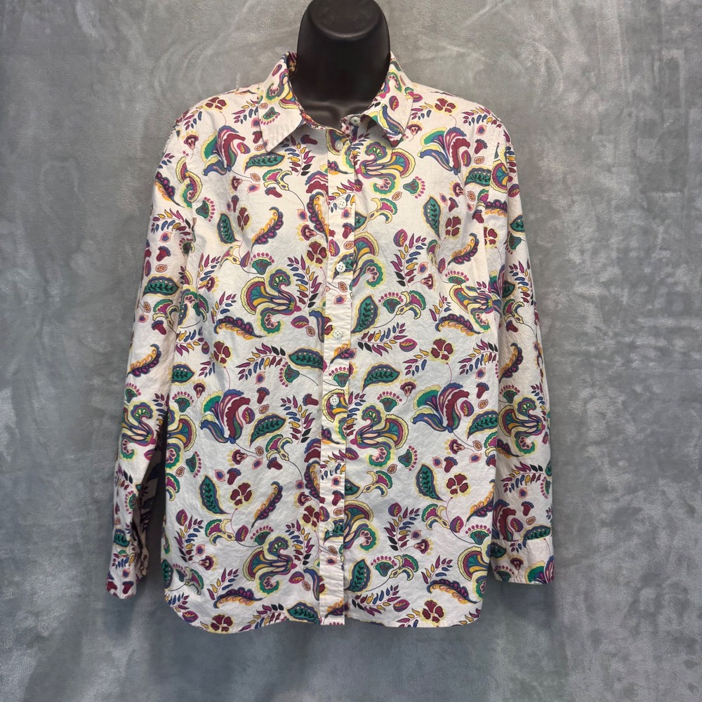 Talbots Petite Large‎ Button Down Shirt White Paisley Floral Long Sleeve Cotton